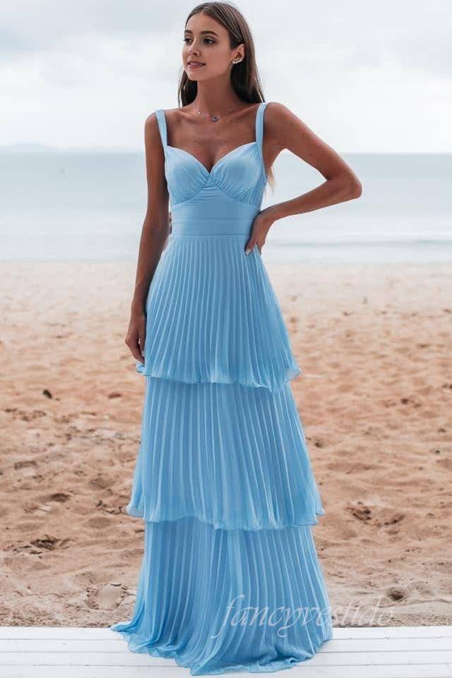 Straps Blue Pleated Ruffle A-Line Prom Dress with Backless