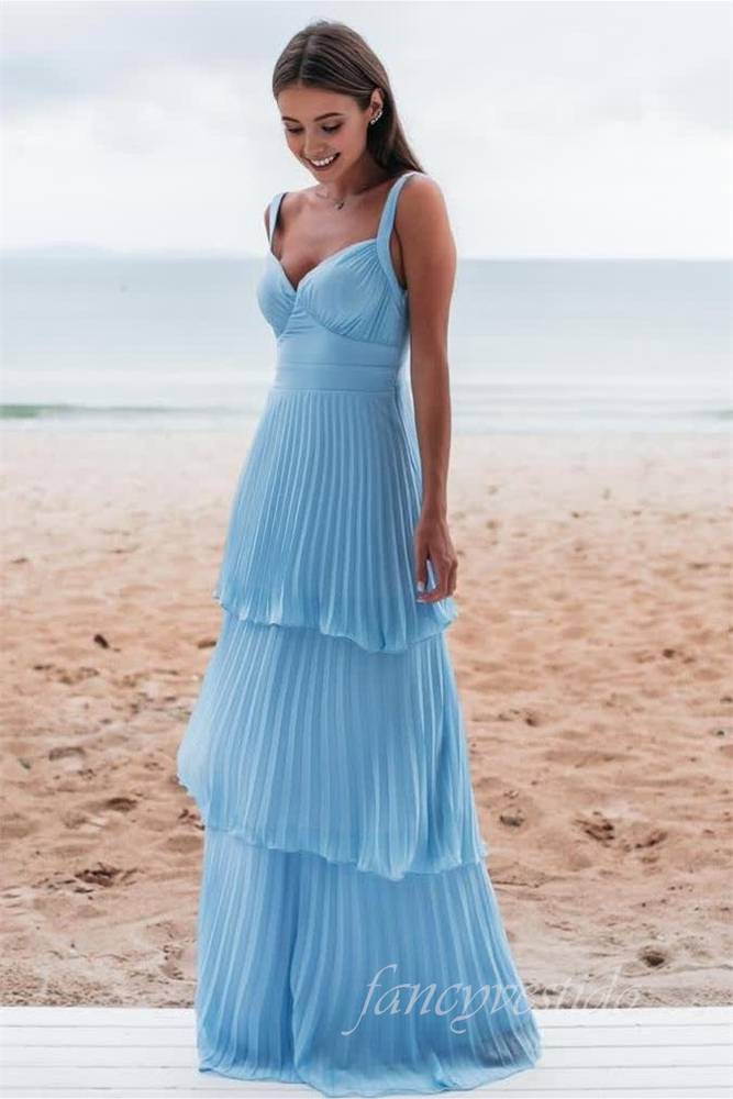 Straps Blue Pleated Ruffle A-Line Prom Dress with Backless