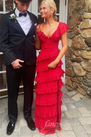 Asymmertial V-Neck Red Layered High Slit Prom Dress