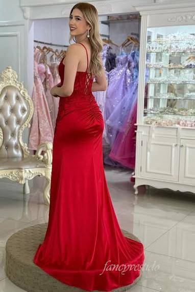 Straps Lace Applique Pleated Mermaid Prom Dress