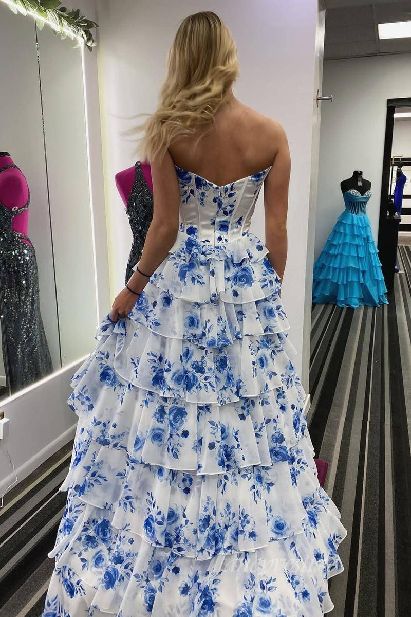Sweetheart Blue Floral Print Corset Ruffle Prom Dress