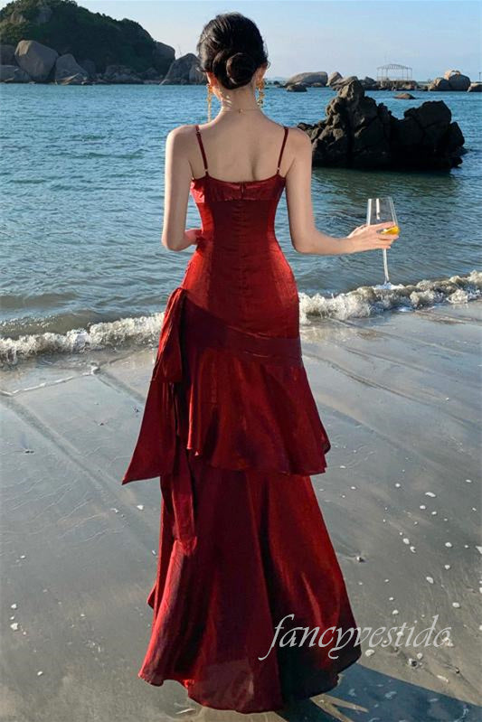 Straps Glitter Pleated Ruffle Mermaid Long Dress