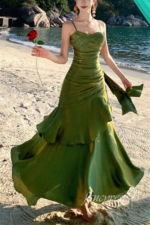 Straps Glitter Pleated Ruffle Mermaid Long Dress