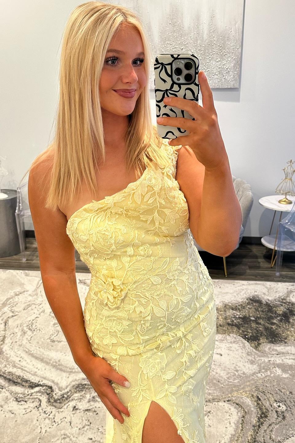 One Shoulder Yellow Applique Mermaid Prom Dress