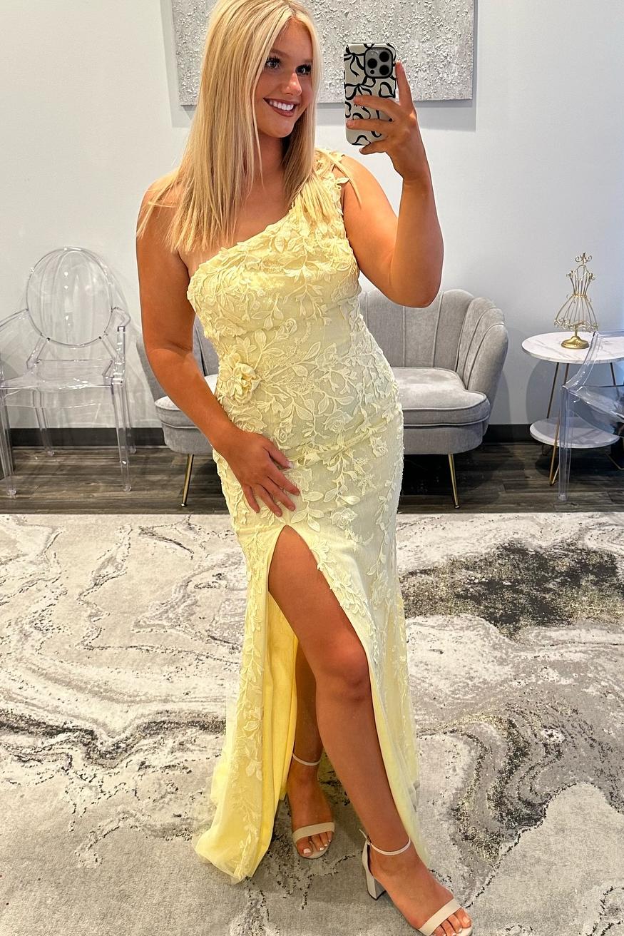 One Shoulder Yellow Applique Mermaid Prom Dress