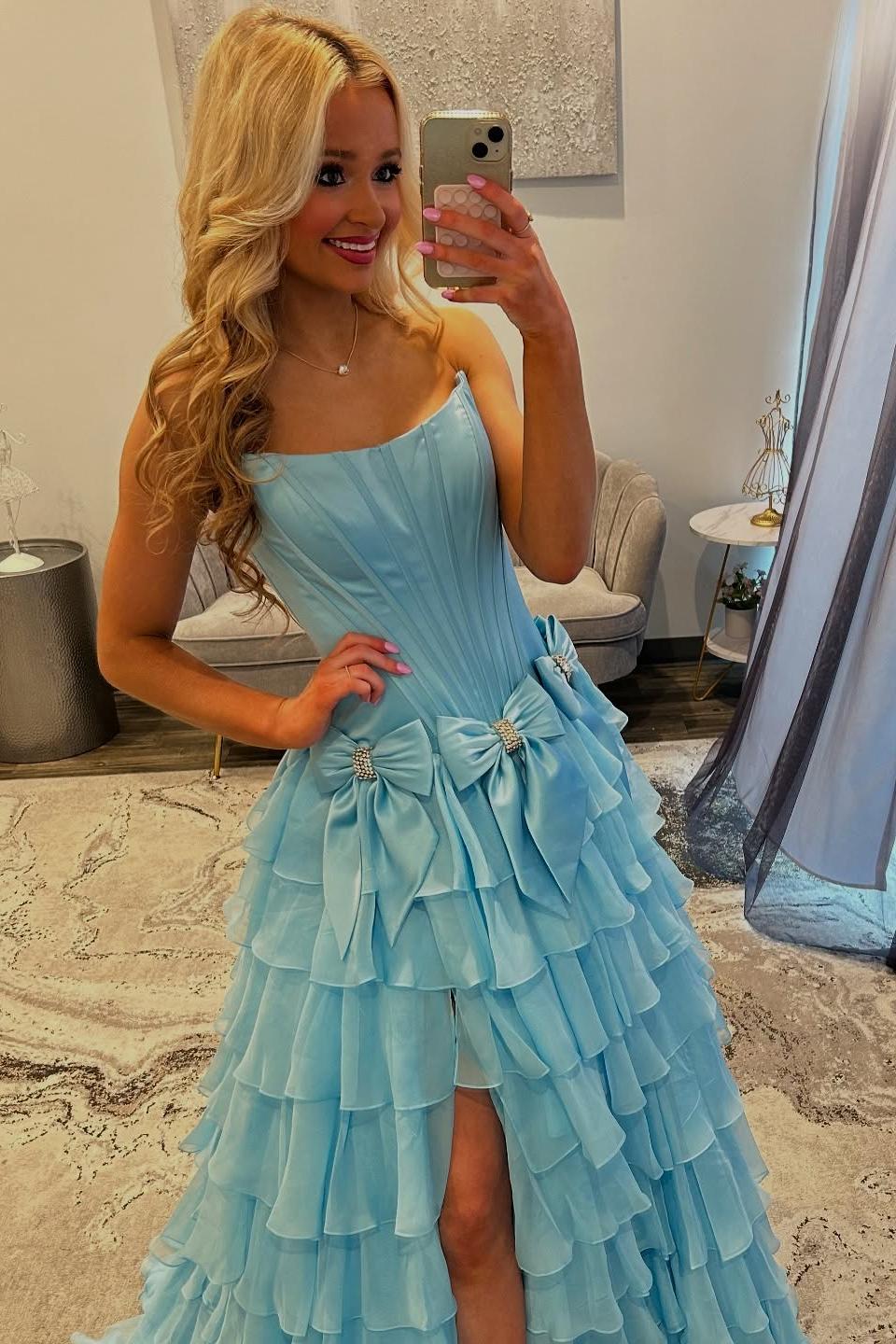 Strapless Ruffle A-Line Slit Prom Dress with 3D Bow