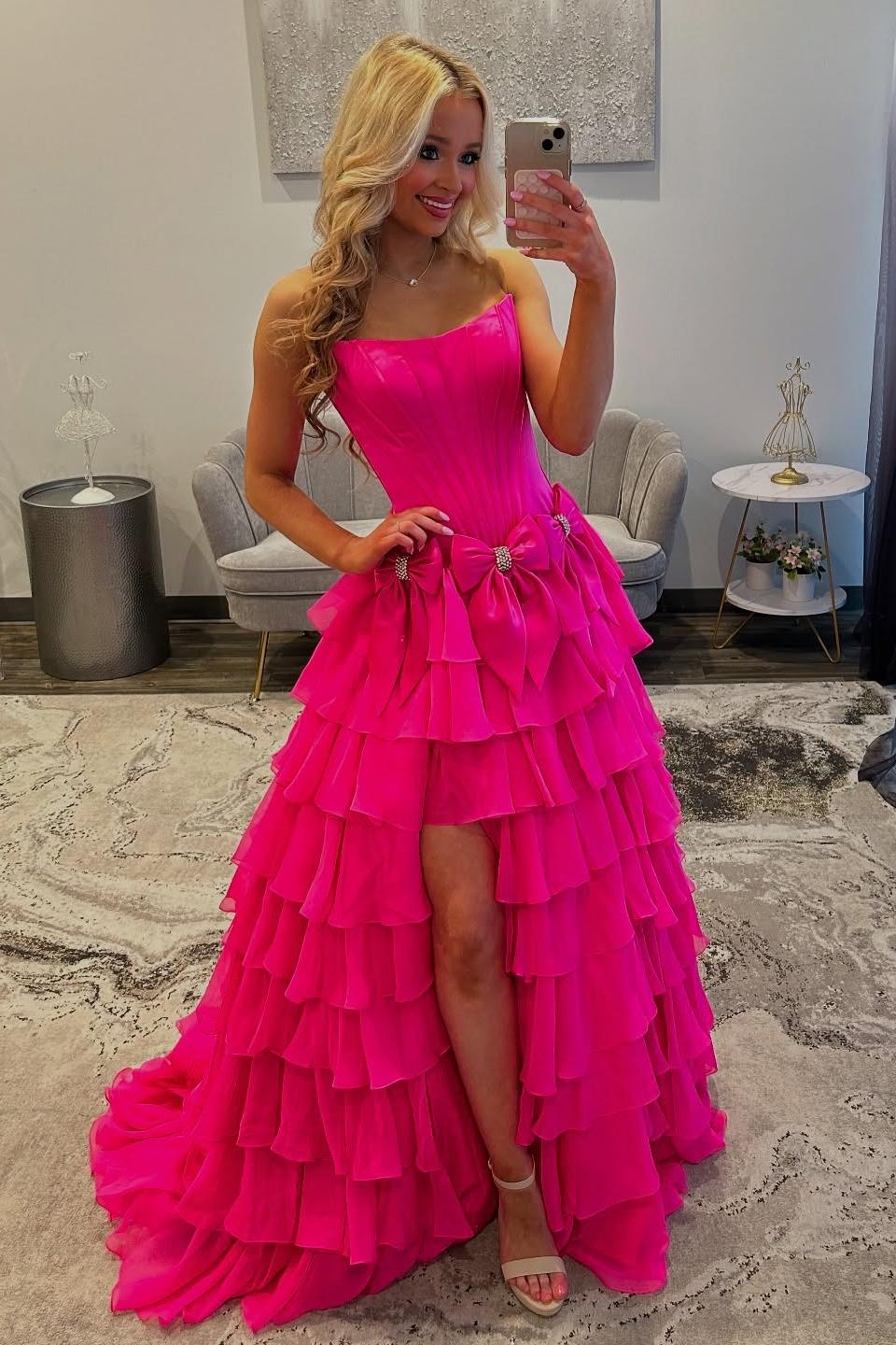 Strapless Ruffle A-Line Slit Prom Dress with 3D Bow