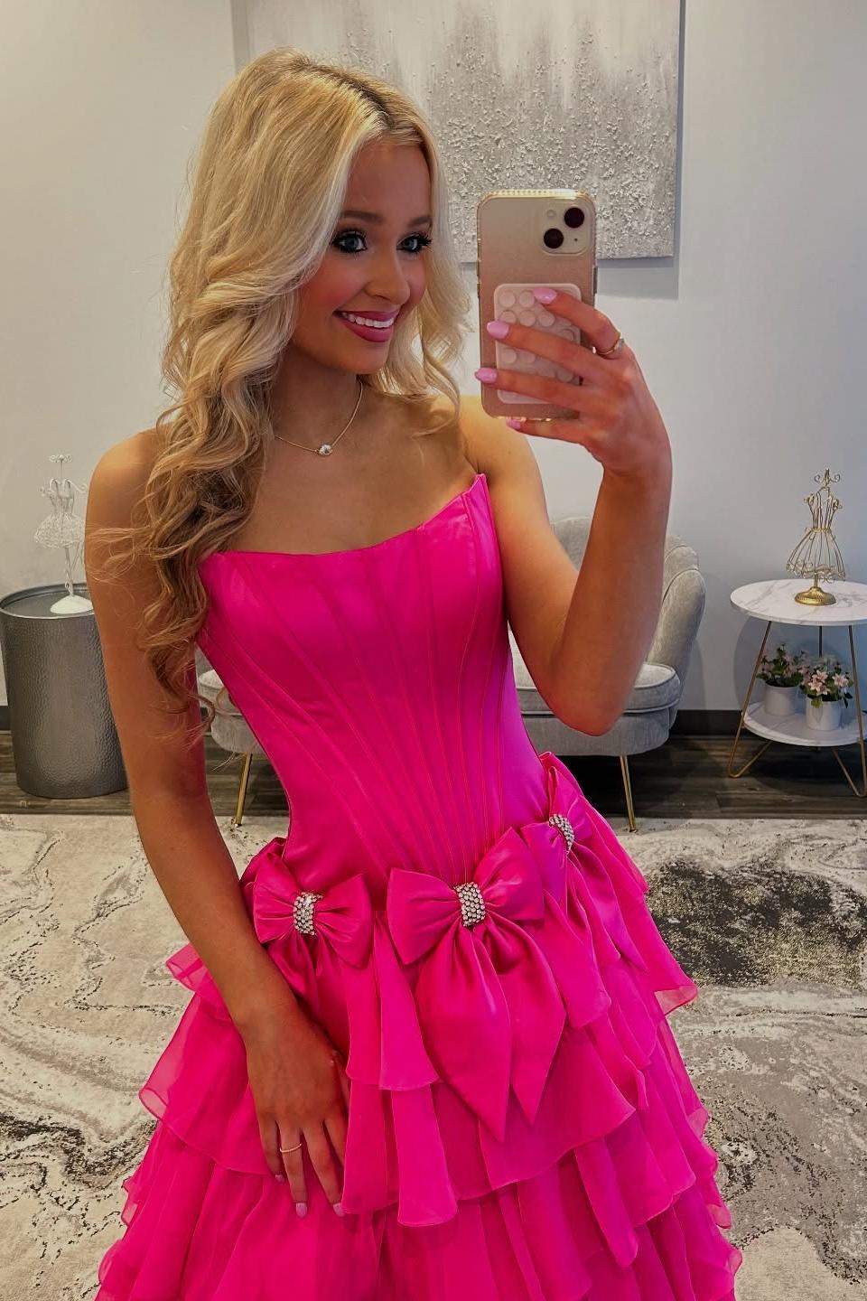 Strapless Ruffle A-Line Slit Prom Dress with 3D Bow