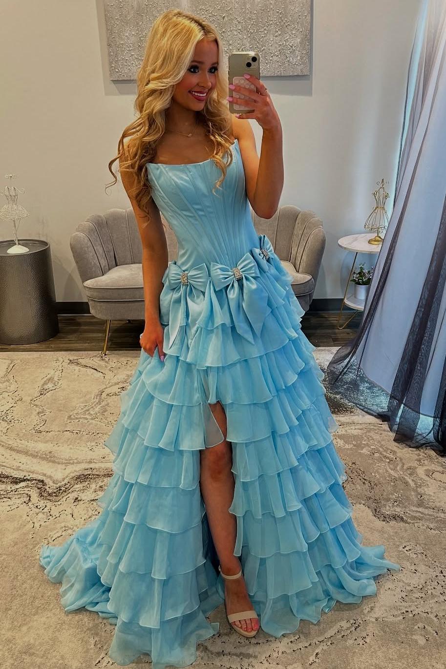 Strapless Ruffle A-Line Slit Prom Dress with 3D Bow