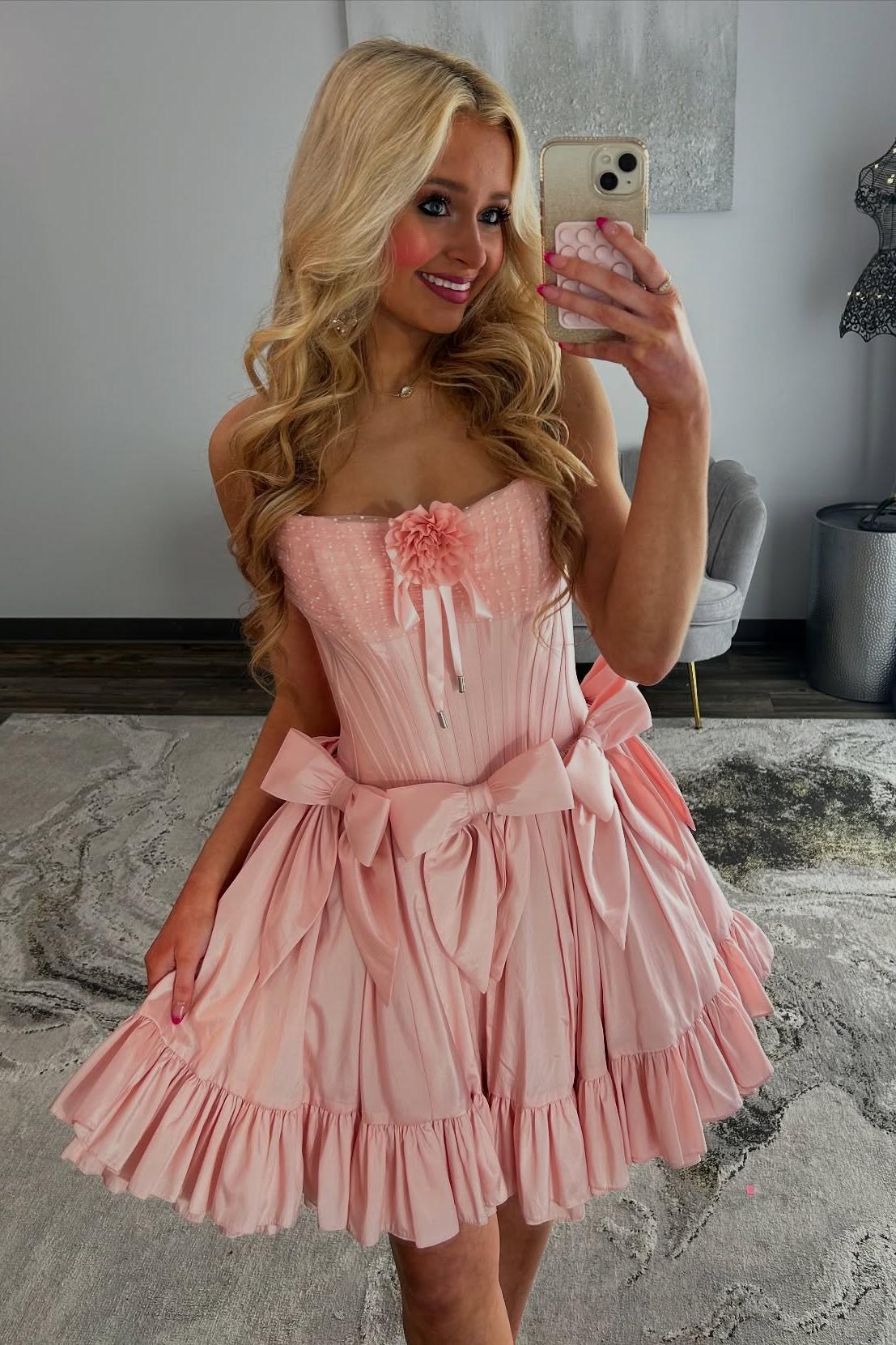 Pink Strapless Satin A-Line Homecoming Dress with Floral