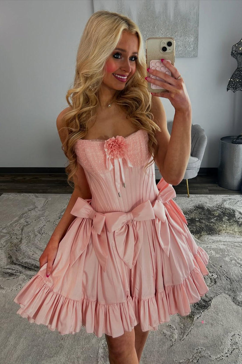 Pink Strapless Satin A-Line Homecoming Dress with Floral