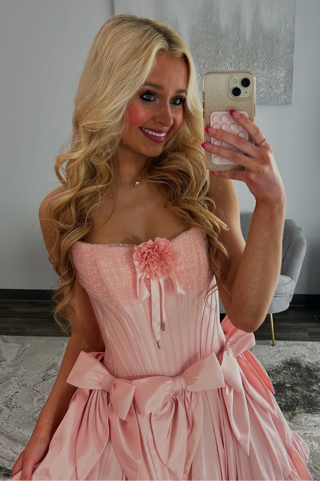 Pink Strapless Satin A-Line Homecoming Dress with Floral