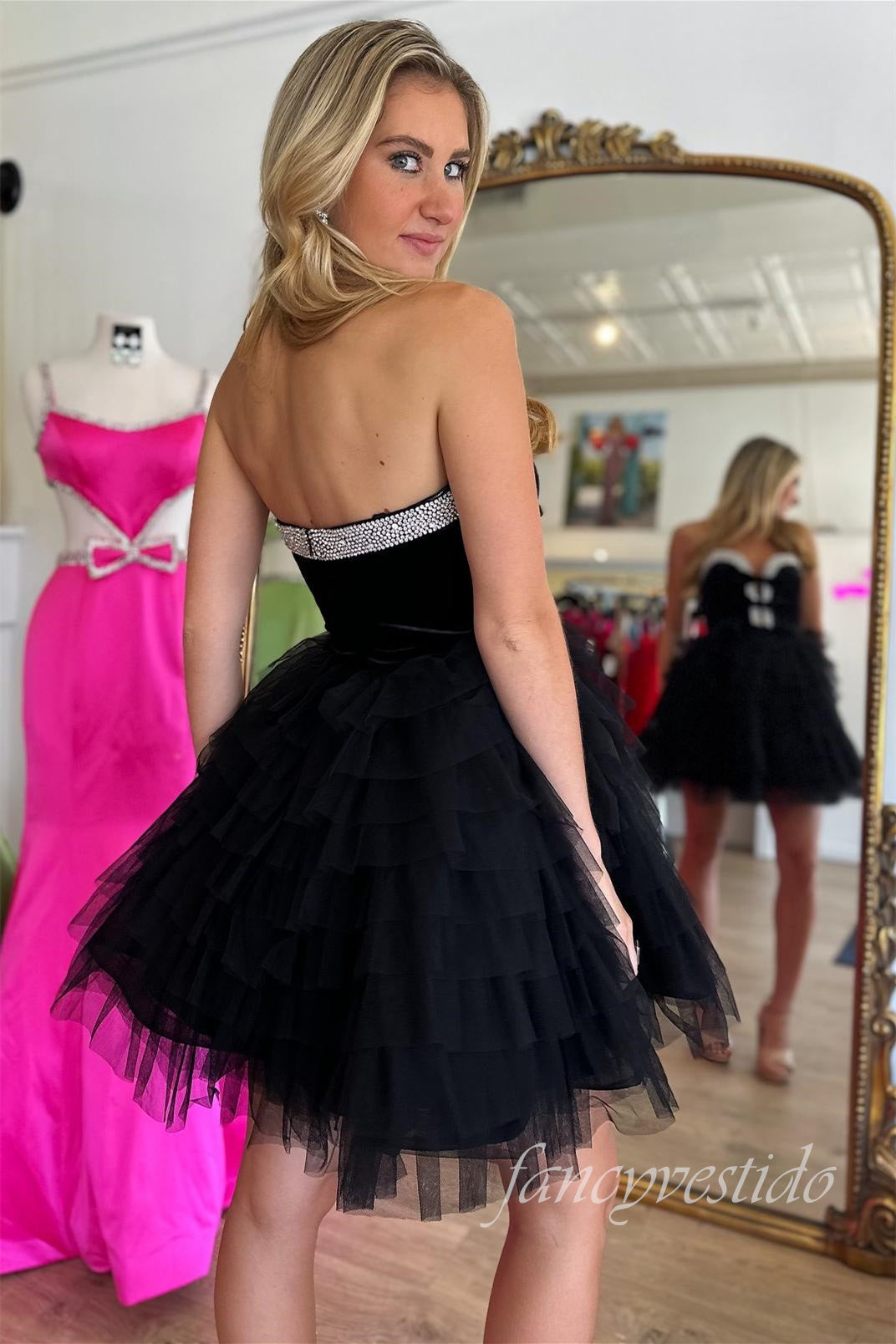 Sweetheart Black Beaded Tiered A-Line Homecoming Dress