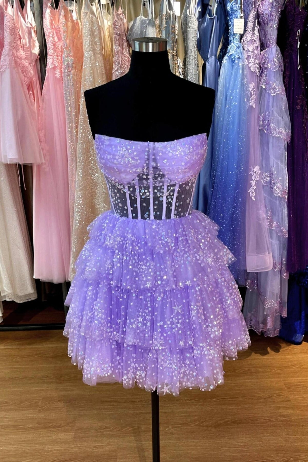 Strapless Lavender Sequin Ruffle Homecoming Dress