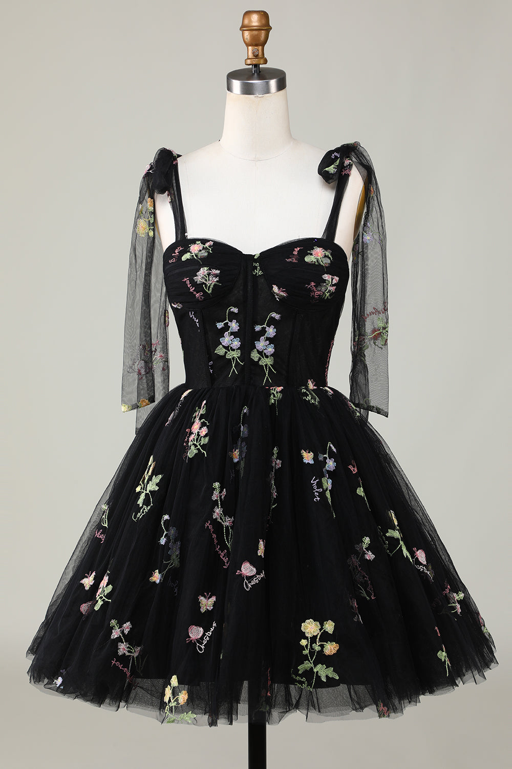 Bow Straps Embroidery Floral A-Line Homecoming Dress