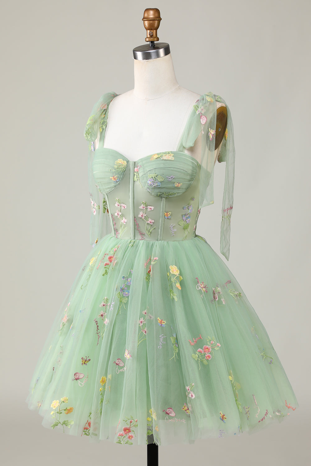Bow Straps Embroidery Floral A-Line Homecoming Dress