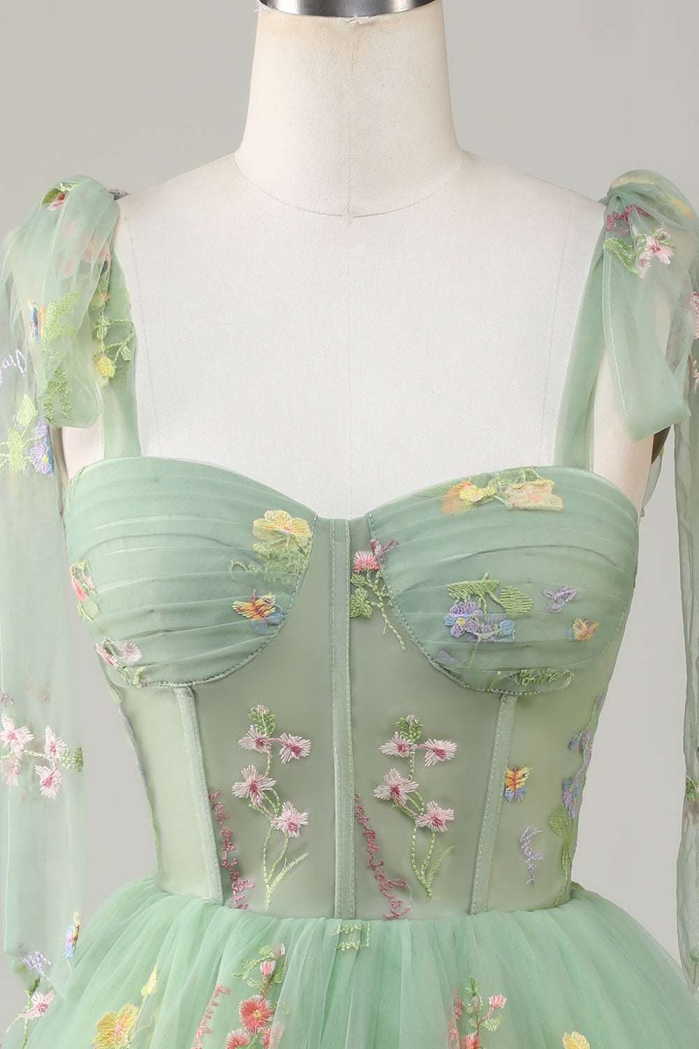 Bow Straps Embroidery Floral A-Line Homecoming Dress