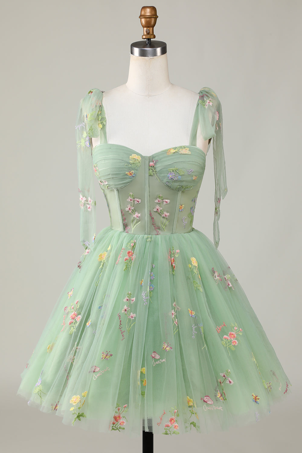 Bow Straps Embroidery Floral A-Line Homecoming Dress