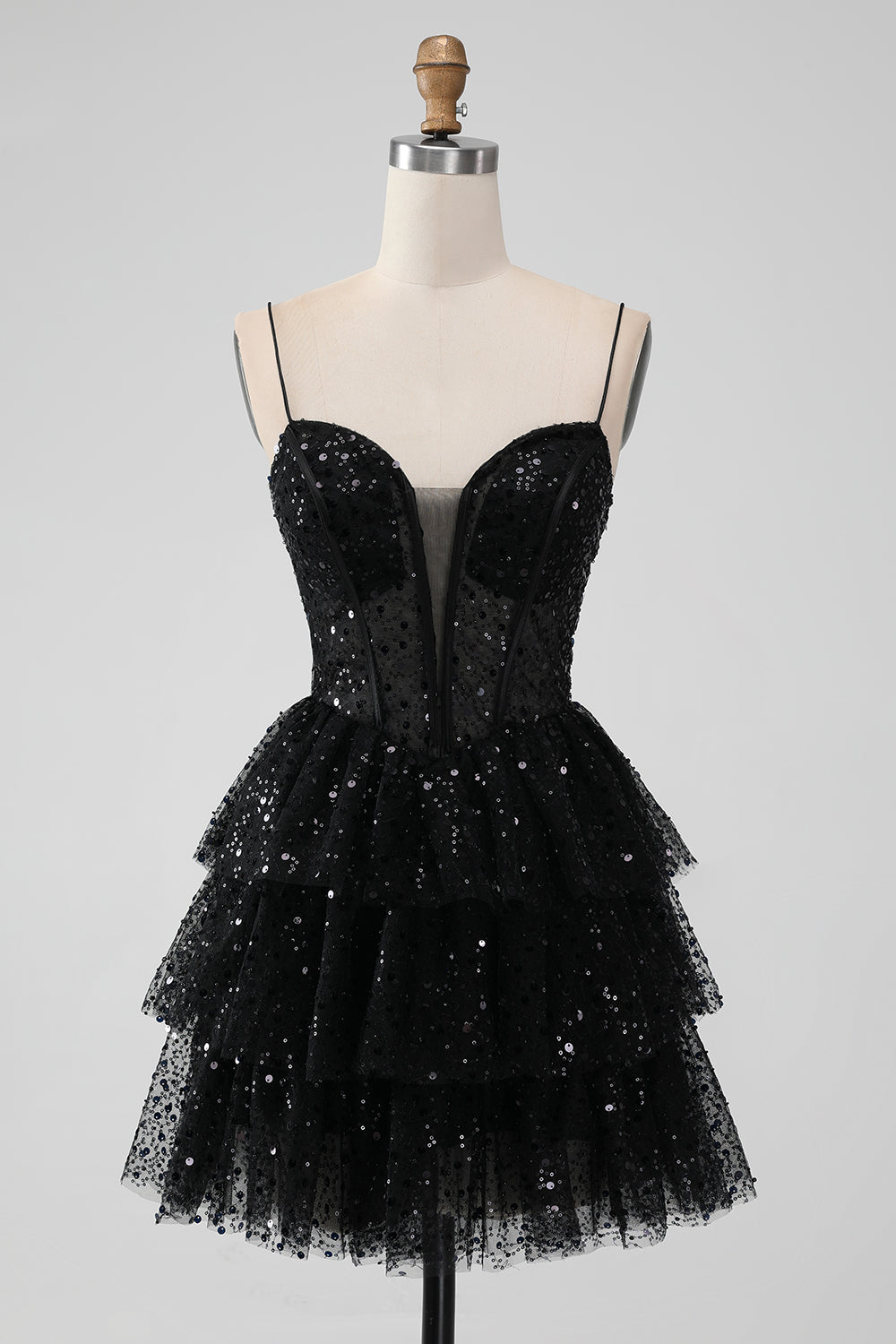 Spaghetti Straps Black Sequin Ruffle Homecoming Dress
