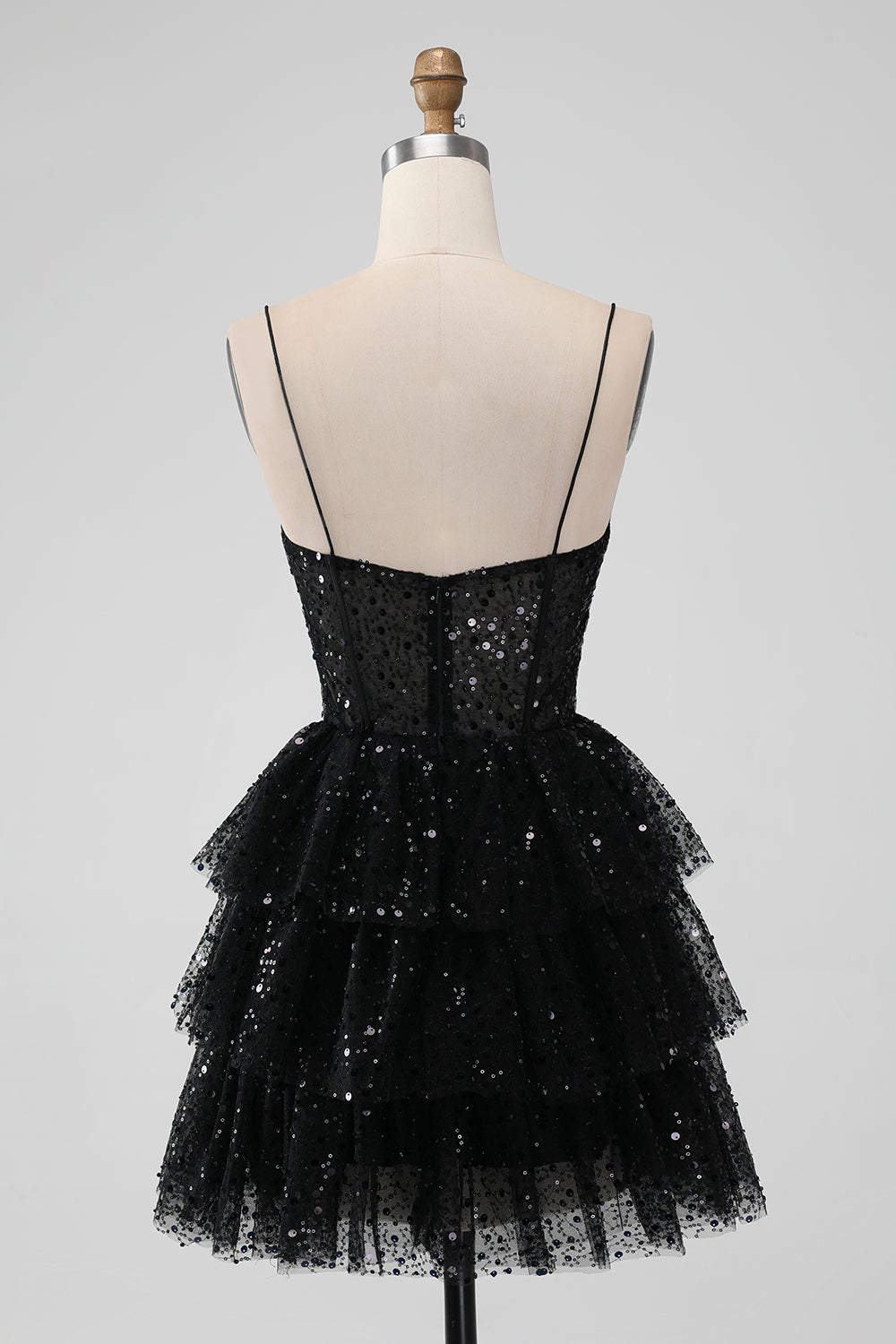 Spaghetti Straps Black Sequin Ruffle Homecoming Dress