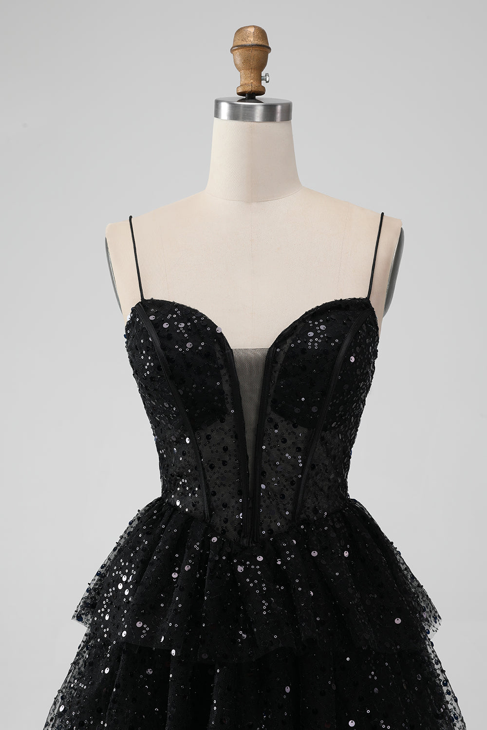 Spaghetti Straps Black Sequin Ruffle Homecoming Dress