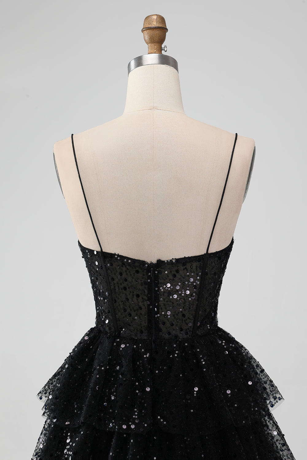 Spaghetti Straps Black Sequin Ruffle Homecoming Dress