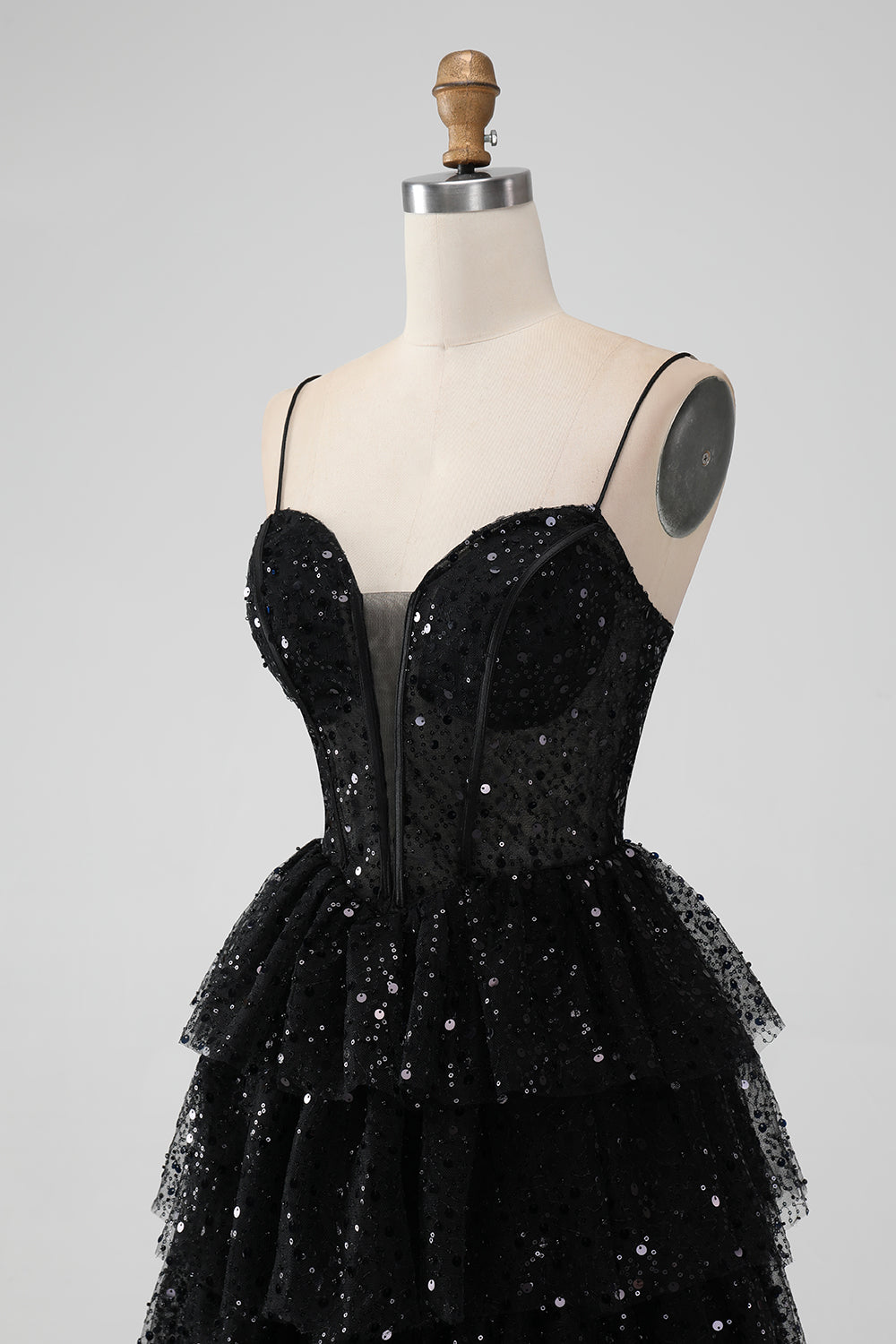 Spaghetti Straps Black Sequin Ruffle Homecoming Dress