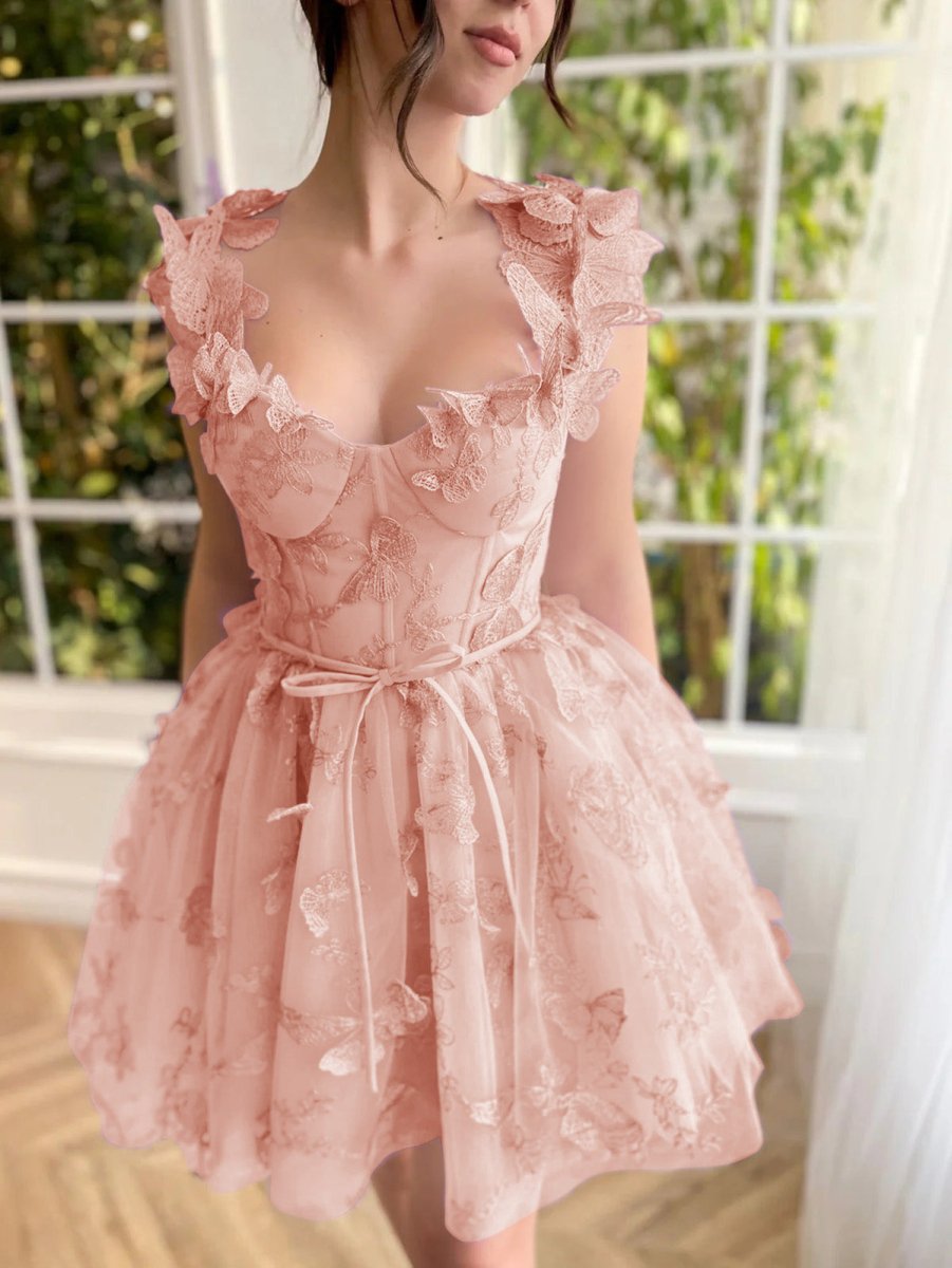 Straps Lilac Corset A-Line Prom Dress with 3D Butterfly