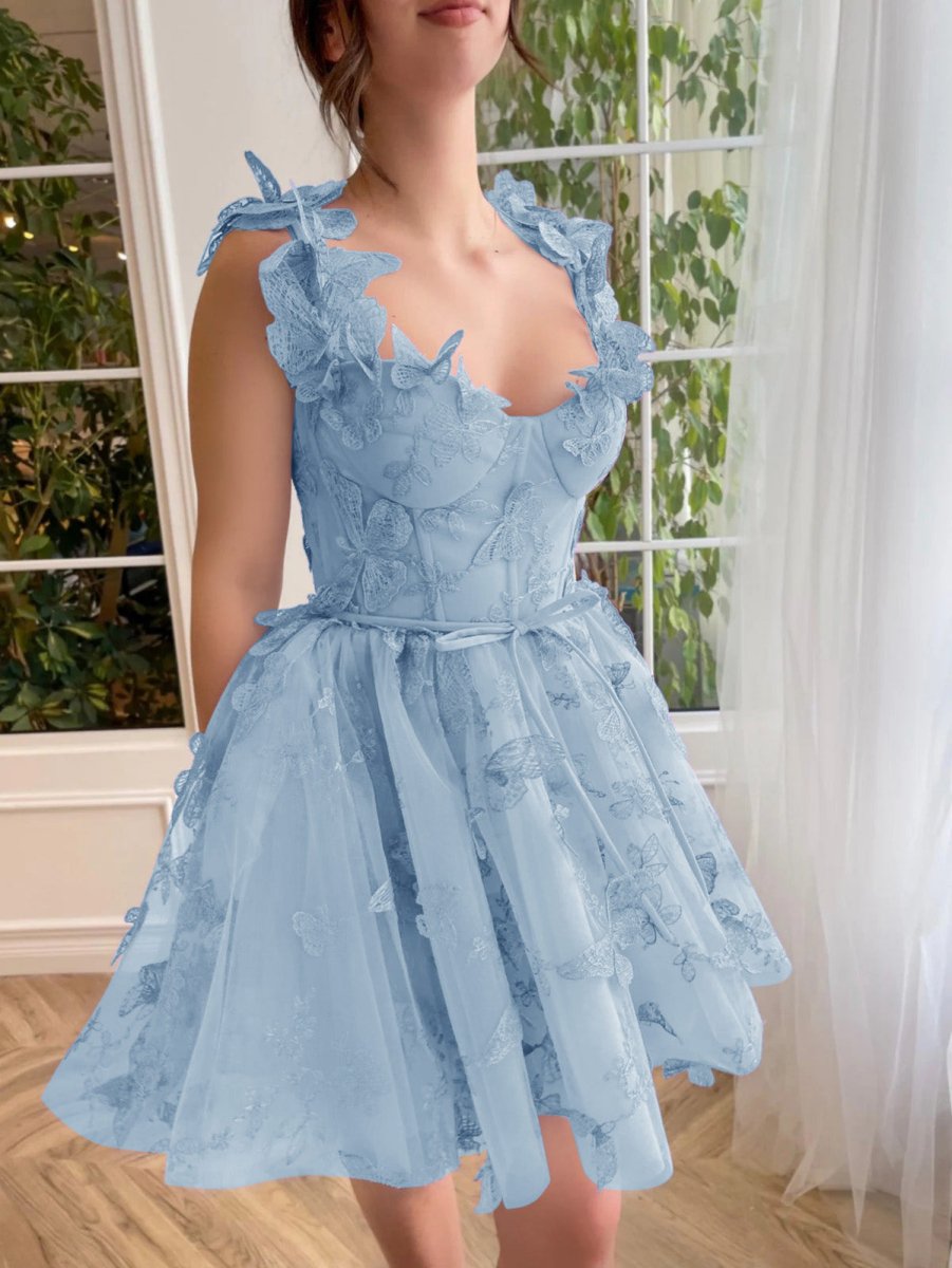Straps Lilac Corset A-Line Prom Dress with 3D Butterfly
