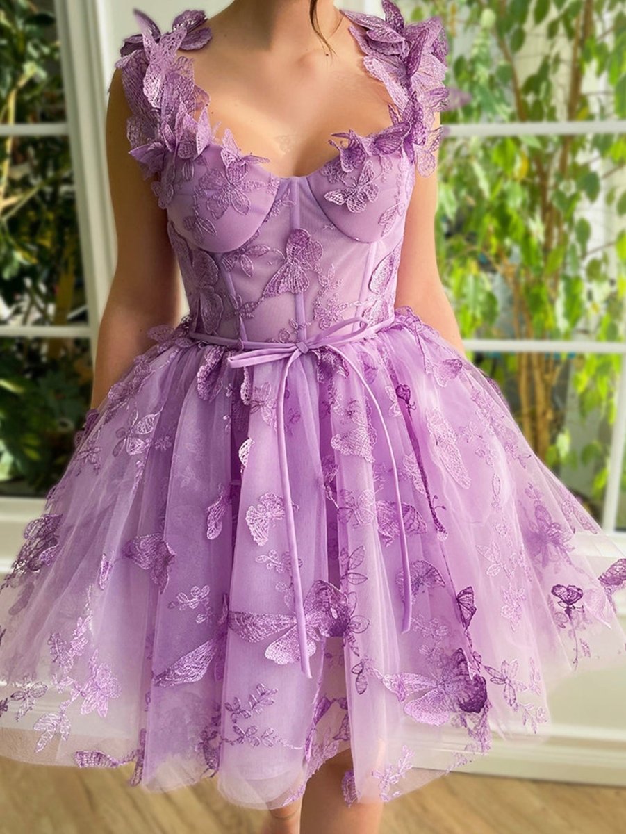 Straps Lilac Corset A-Line Prom Dress with 3D Butterfly