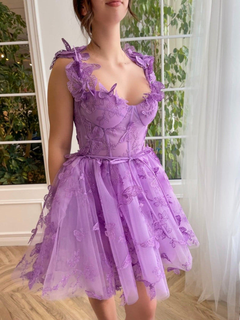 Straps Lilac Corset A-Line Prom Dress with 3D Butterfly
