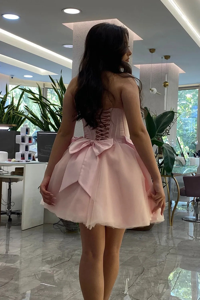 Strapless Corset Boned Homecoming Dress with Bow