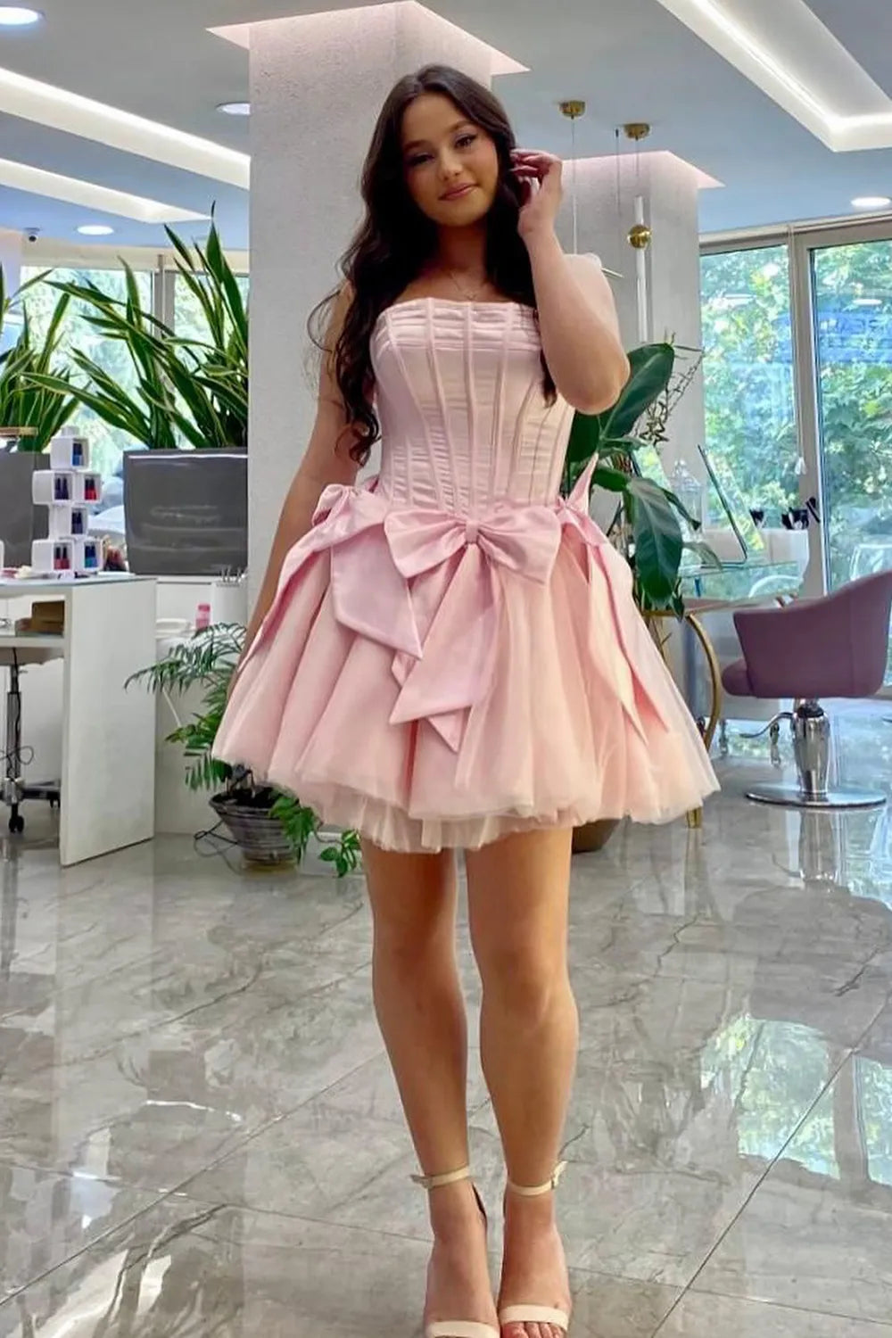 Strapless Corset Boned Homecoming Dress with Bow