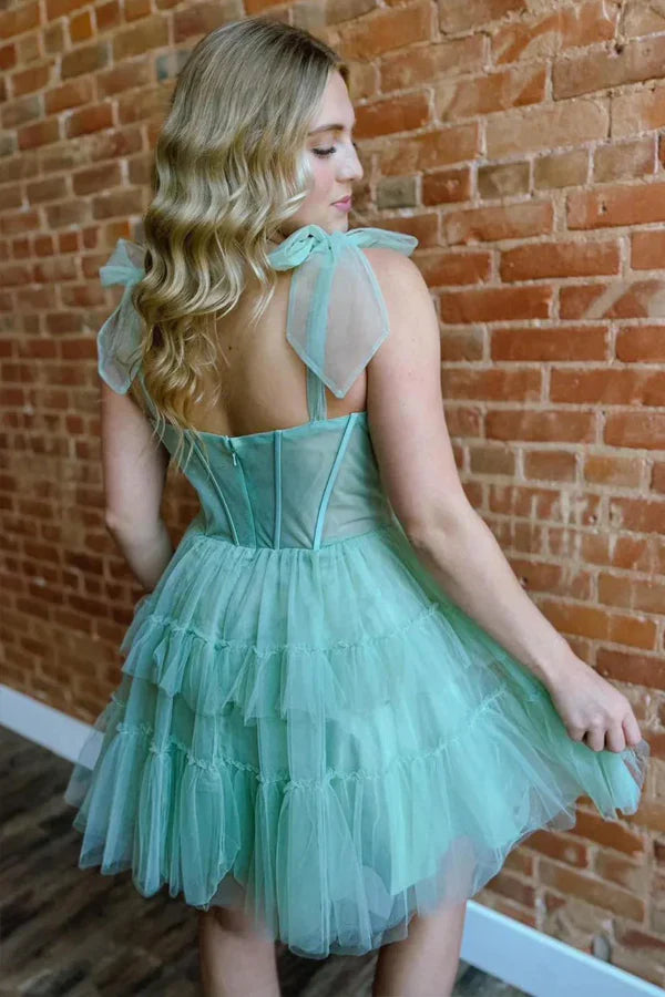 Bow Tie Straps Corset A-Line Ruffle Homecoming Dress