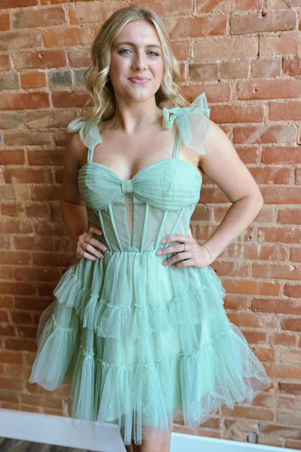 Bow Tie Straps Corset A-Line Ruffle Homecoming Dress