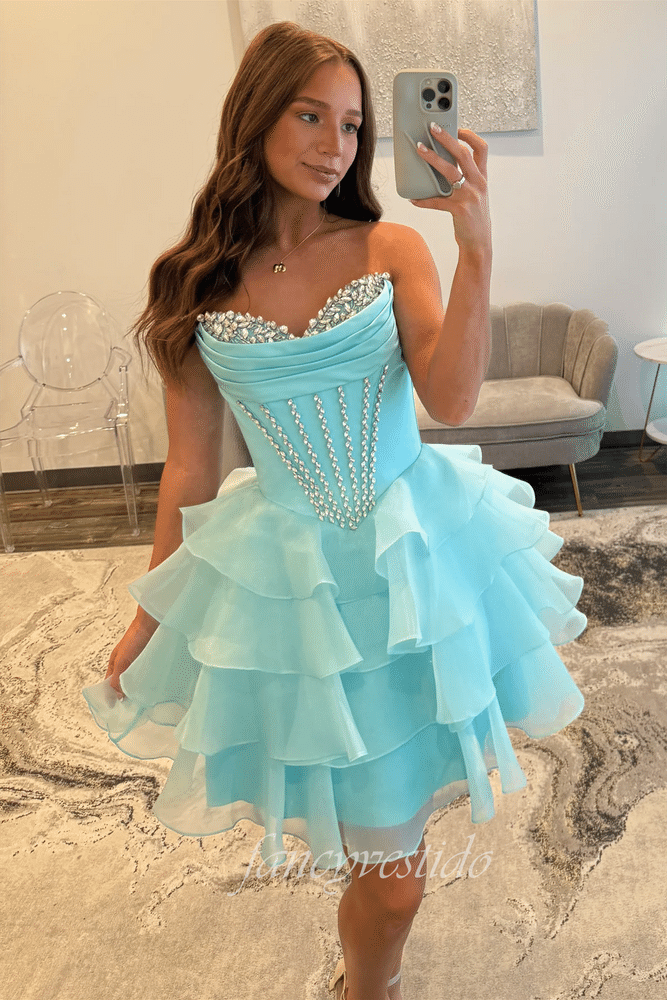 Sweetheart Corset Beaded Ruffle Homecoming Dress