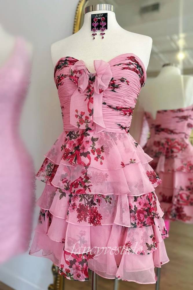 Sweetheart Floral Print Ruffle Homecoming Dress