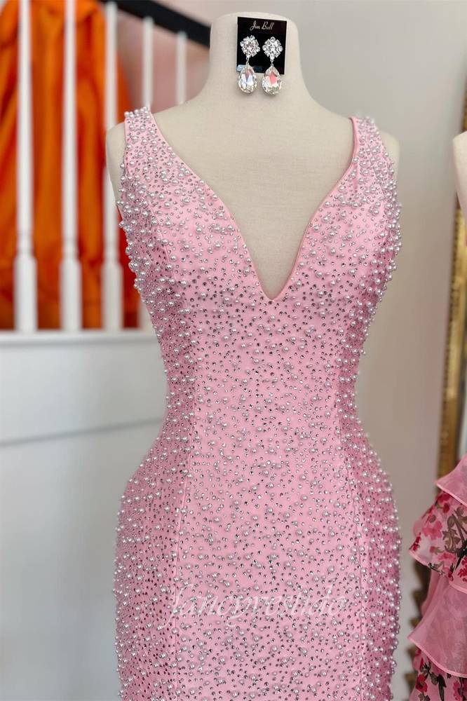 Pink V-Neck Beading Sheath Homecoming Dress