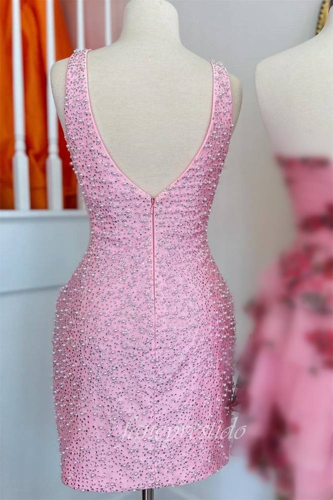 Pink V-Neck Beading Sheath Homecoming Dress