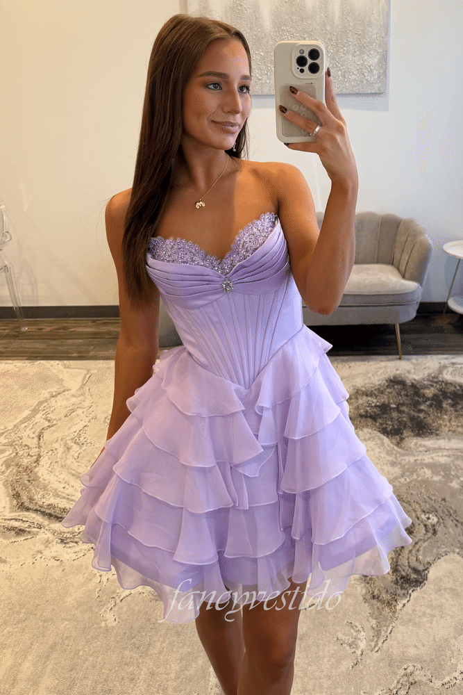 Lavender Strapless Applique Corest Ruffle Homecoming Dress