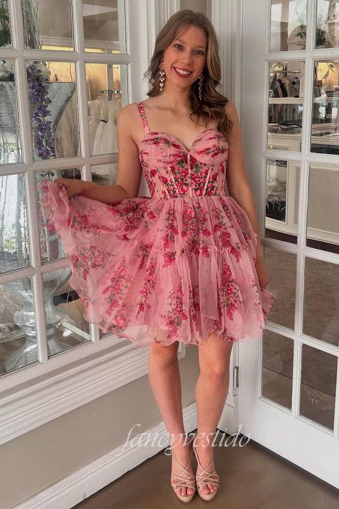 Straps Floral Print Corst A-Line Homecoming Dress