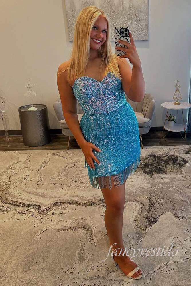 Sweetheart Sequin Tight Homecoming Dress with Fringe