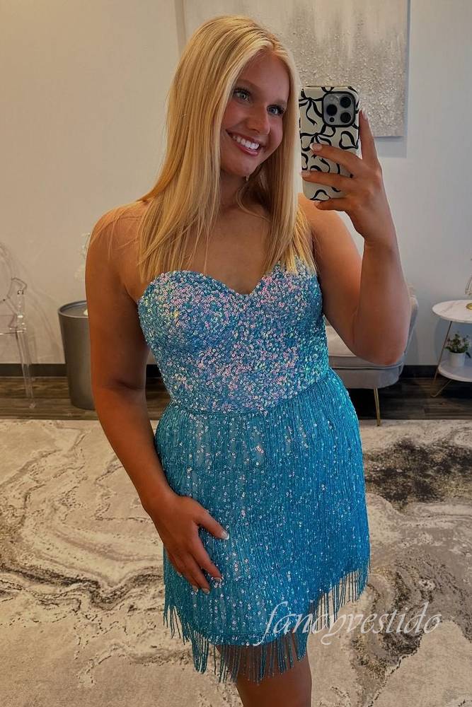 Sweetheart Sequin Tight Homecoming Dress with Fringe