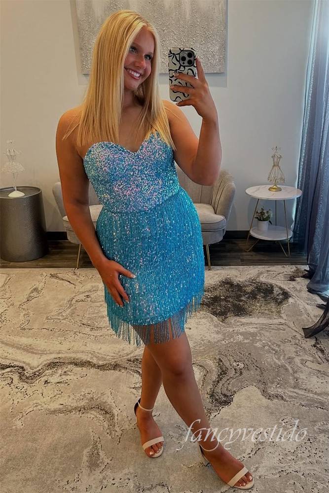 Sweetheart Sequin Tight Homecoming Dress with Fringe