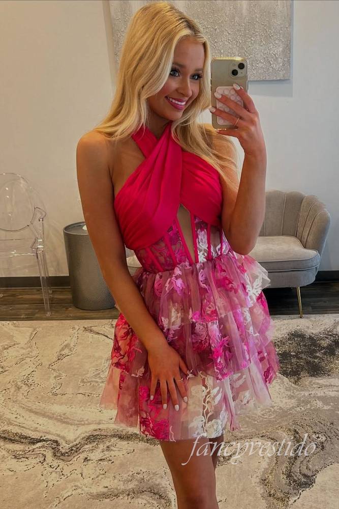 Cross Halter Corset Floral Print Homecoming Dress