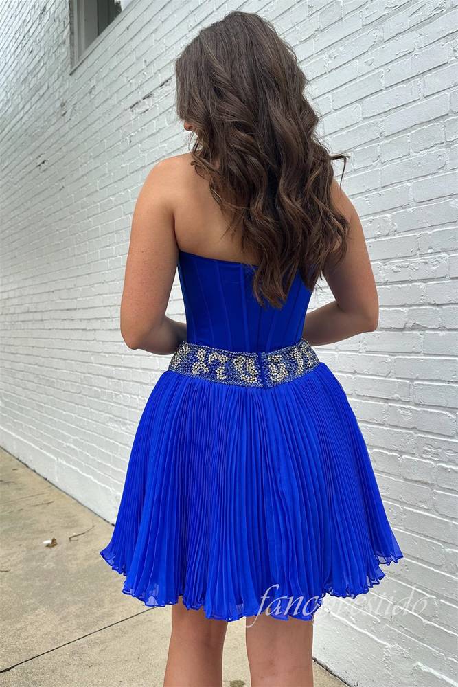 Royal Blue Strapless Beaded Ruched Homecoming Dress