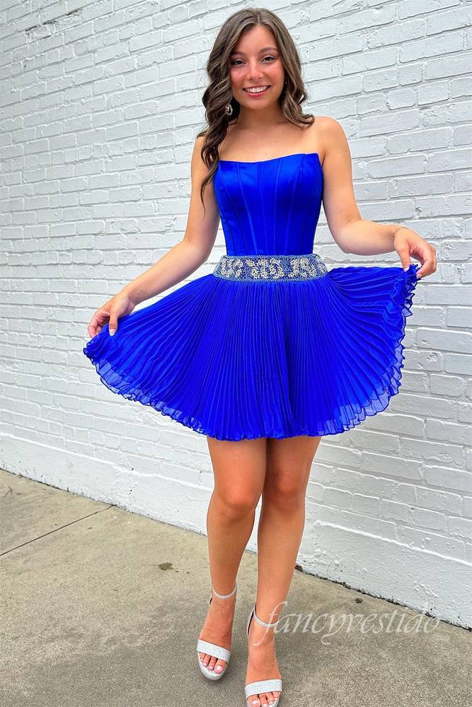 Royal Blue Strapless Beaded Ruched Homecoming Dress