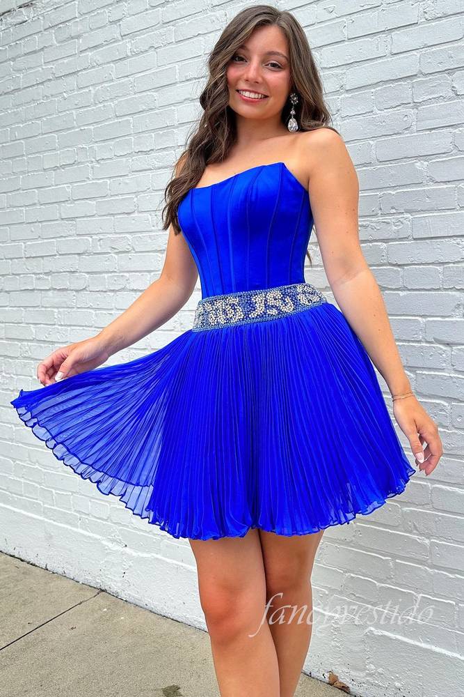 Royal Blue Strapless Beaded Ruched Homecoming Dress