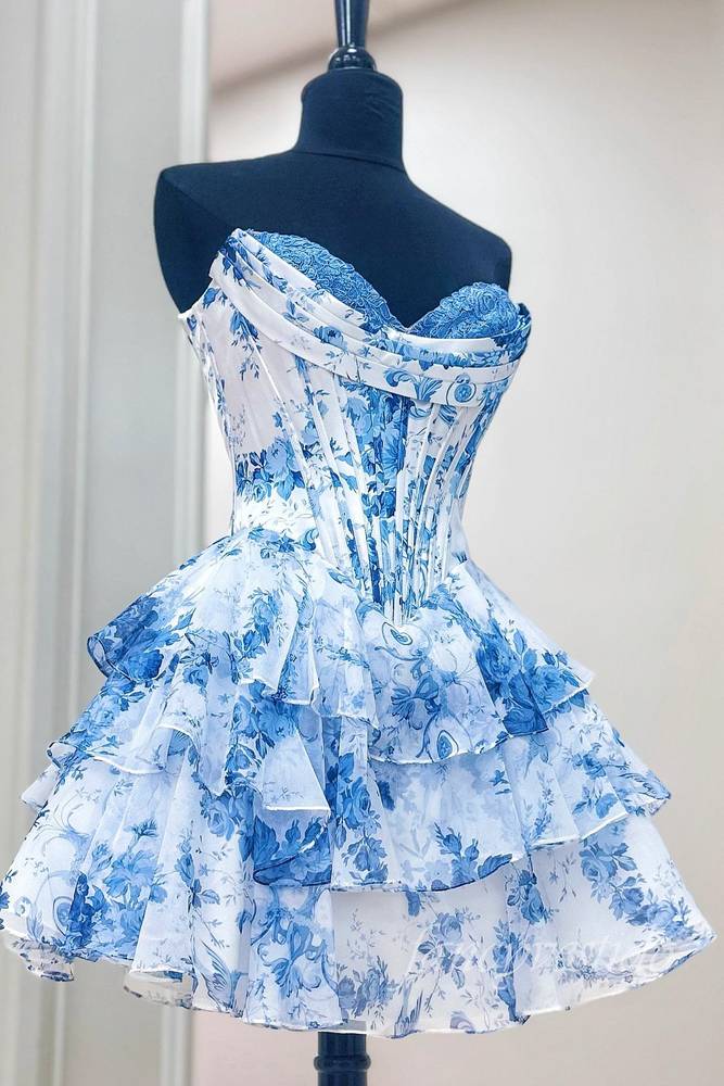 Sweetheart Blue Floral Print Corset Ruffle Homecoming Dress