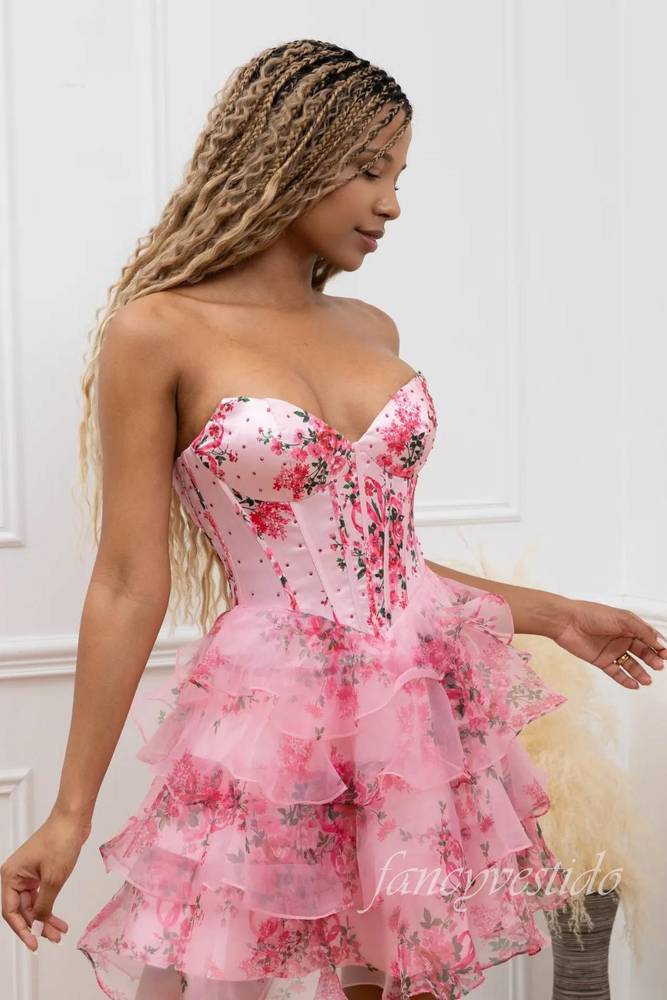 Sweetheart Corset Floral Print Layered Homecoming Dress